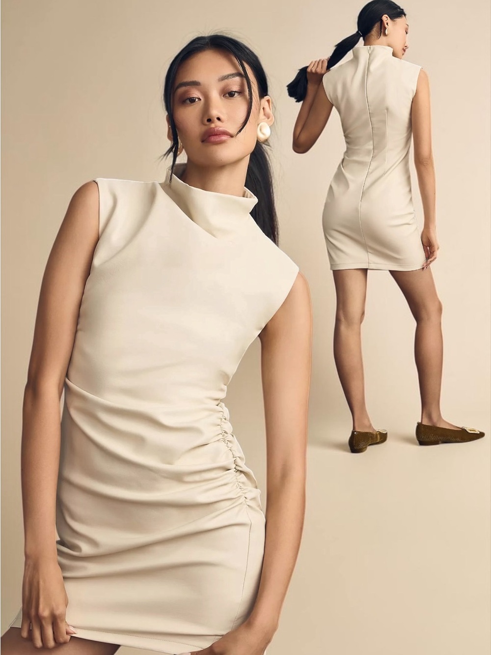 Anthropologie The Maya Ruched Cowl-Neck Dress: Faux Leather Mini Edition Size 4